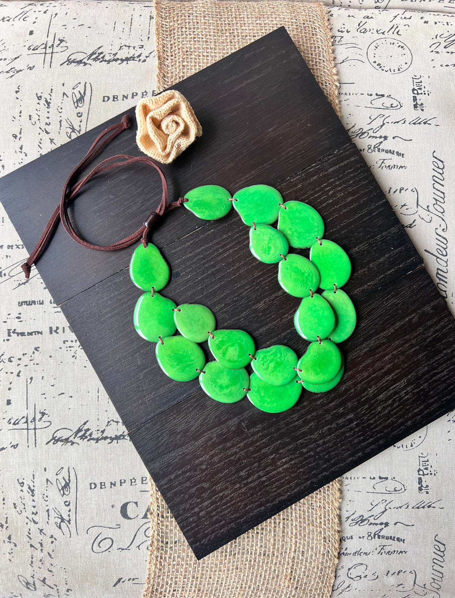 Green statement necklace Tagua jewelry Double layer bib Big bold chunky necklace 2 Two strands adjustable length Cruise beach wear for women