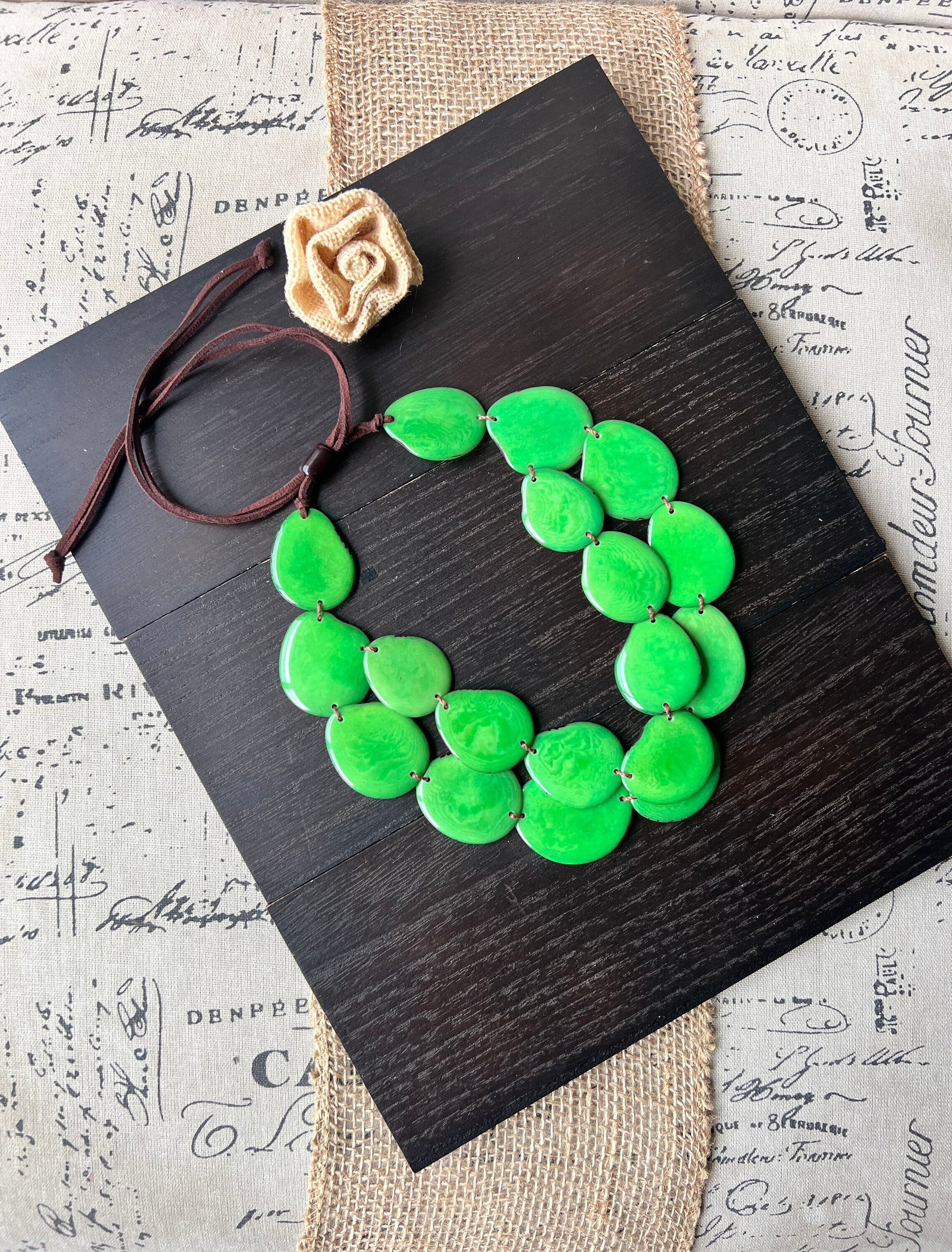 Green statement necklace Tagua jewelry Double layer bib Big bold chunky necklace 2 Two strands adjustable length Cruise beach wear for women