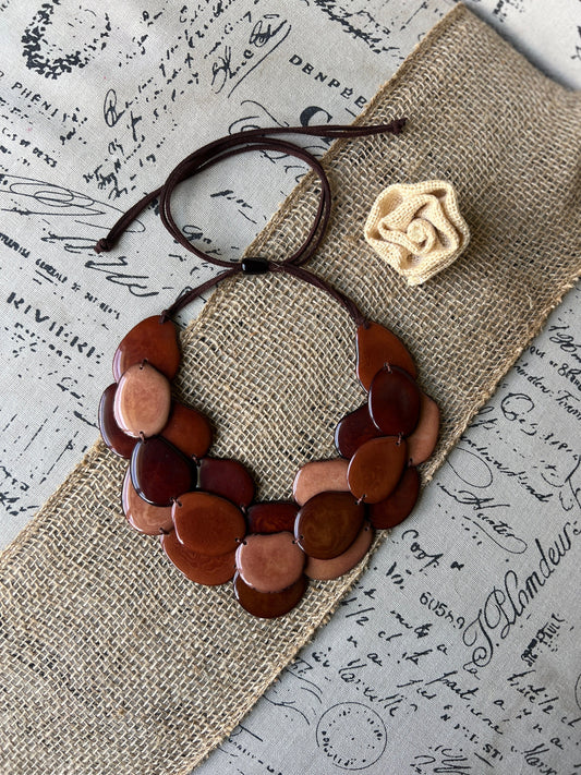 Brown huge beaded necklace Tagua nut jewelry Big bold chunky necklace Triple 3 strands bib collar Adjustable leather straps Summer fashion
