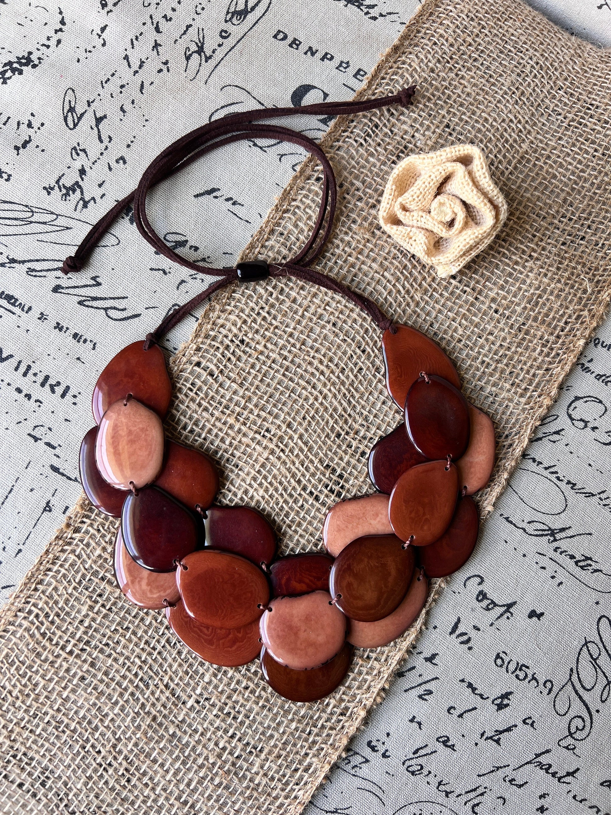 Brown huge beaded necklace Tagua nut jewelry Big bold chunky necklace Triple 3 strands bib collar Adjustable leather straps Summer fashion
