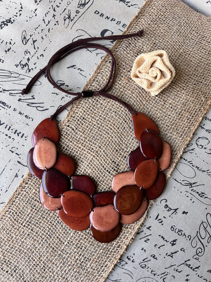 Brown huge beaded necklace Tagua nut jewelry Big bold chunky necklace Triple 3 strands bib collar Adjustable leather straps Summer fashion