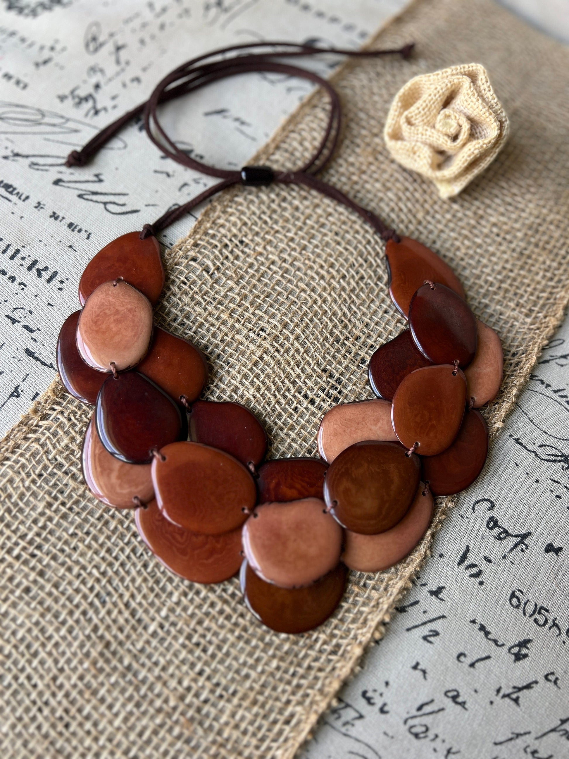 Brown huge beaded necklace Tagua nut jewelry Big bold chunky necklace Triple 3 strands bib collar Adjustable leather straps Summer fashion