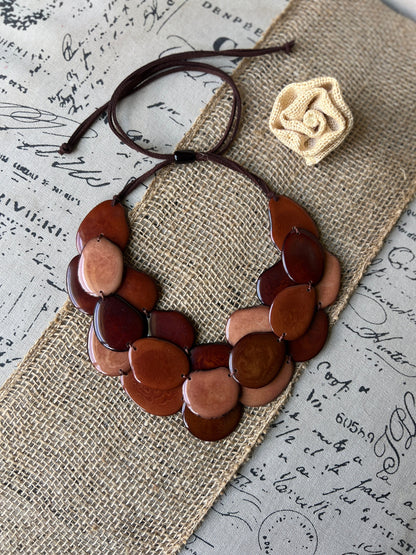 Brown huge beaded necklace Tagua nut jewelry Big bold chunky necklace Triple 3 strands bib collar Adjustable leather straps Summer fashion