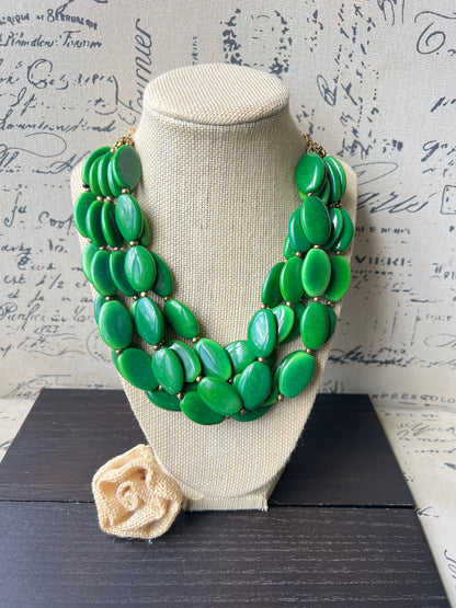 Green fashion multi strand necklace Statement beaded bib necklace for women Tagua nut necklace Lightweight with gold chain Big bold chunky