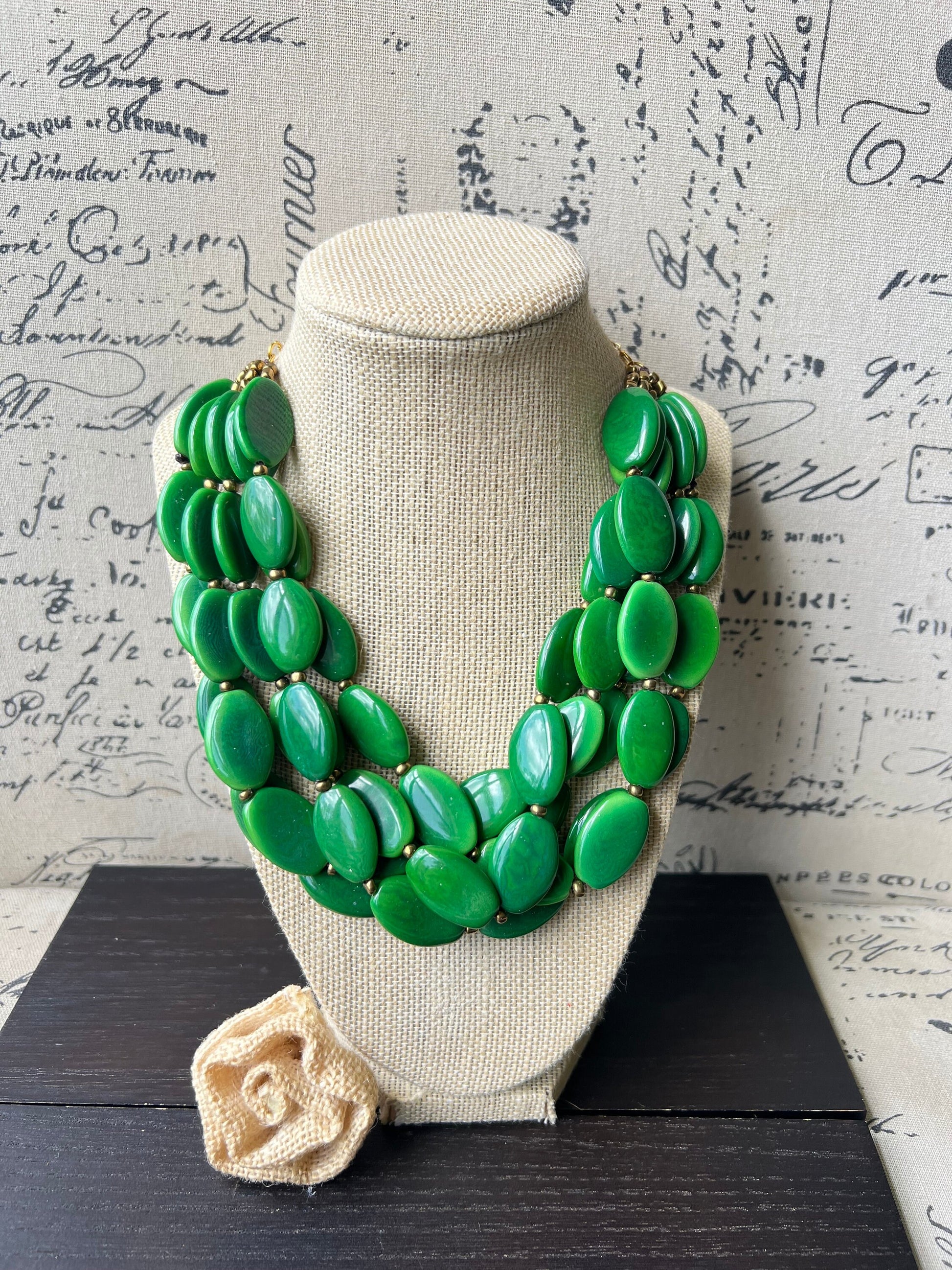 Green fashion multi strand necklace Statement beaded bib necklace for women Tagua nut necklace Lightweight with gold chain Big bold chunky