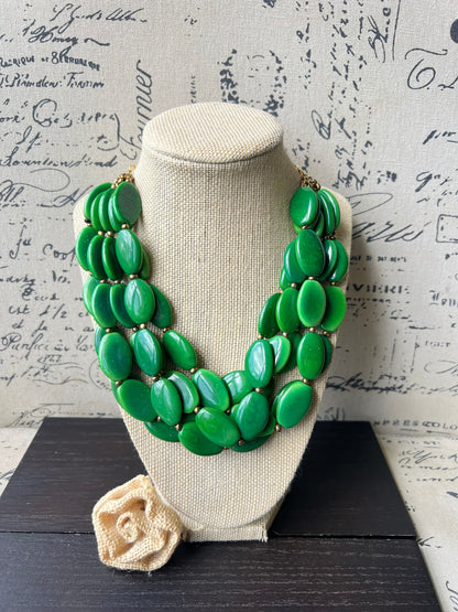 Green fashion multi strand necklace Statement beaded bib necklace for women Tagua nut necklace Lightweight with gold chain Big bold chunky
