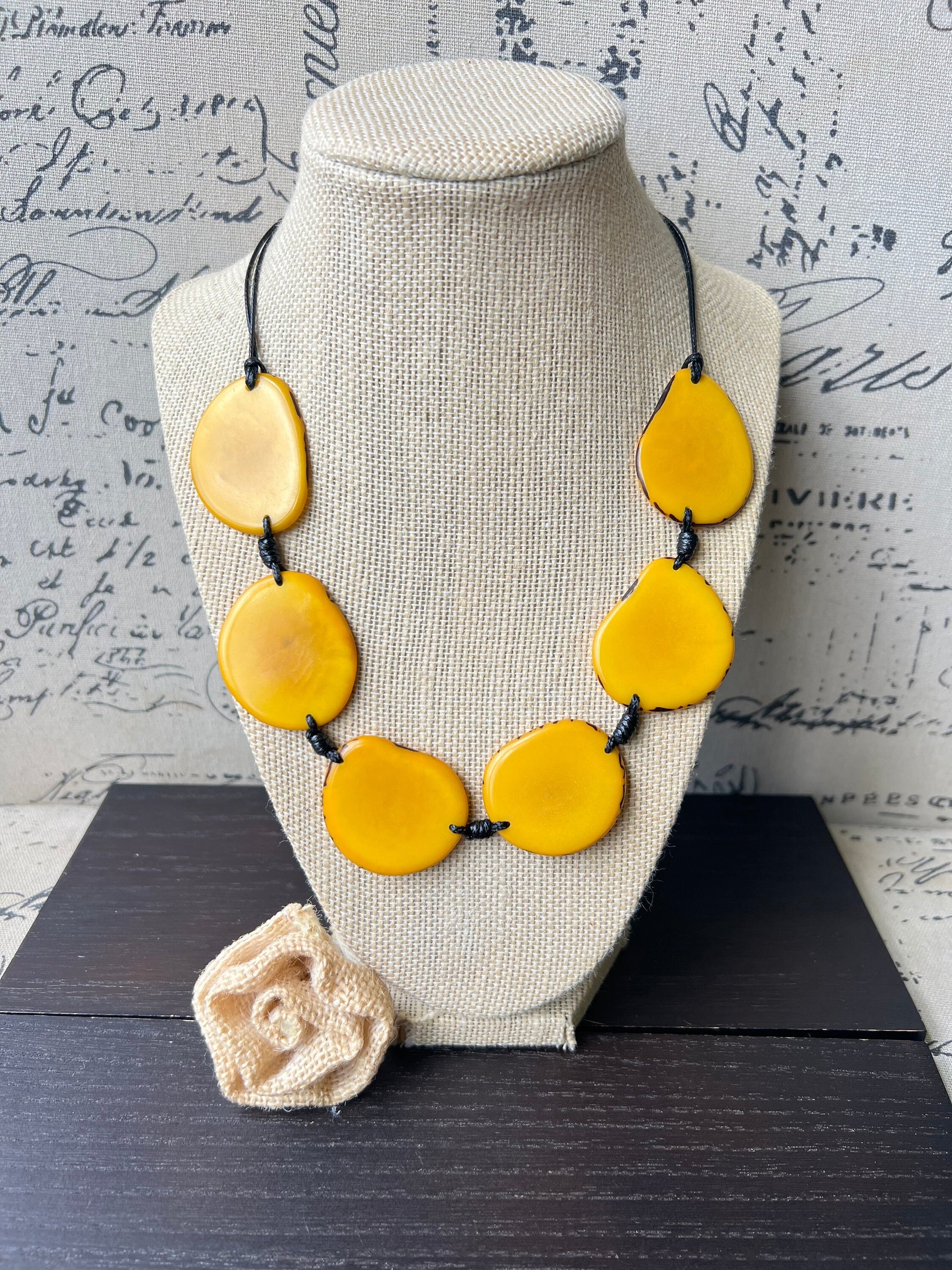 Yellow single strand necklace Simple Tagua necklace Fall fashion trend Beaded handmade with adjustable straps Unusual lightweight collar