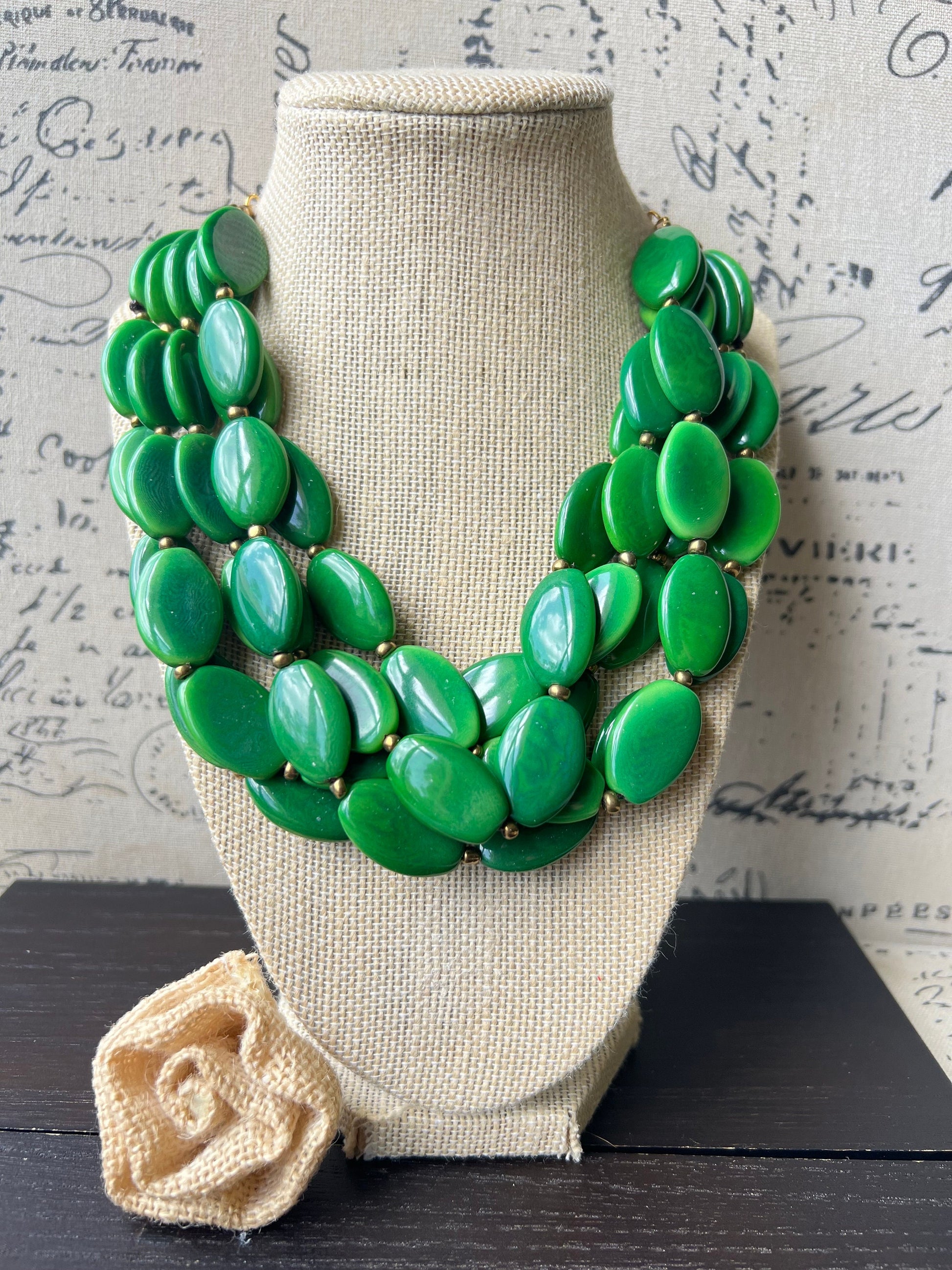 Green fashion multi strand necklace Statement beaded bib necklace for women Tagua nut necklace Lightweight with gold chain Big bold chunky