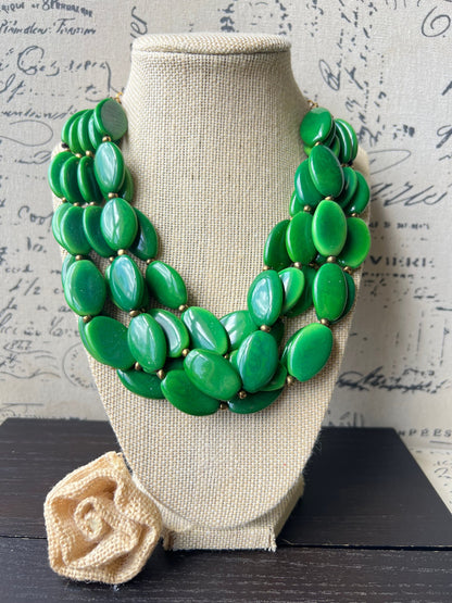 Green fashion multi strand necklace Statement beaded bib necklace for women Tagua nut necklace Lightweight with gold chain Big bold chunky