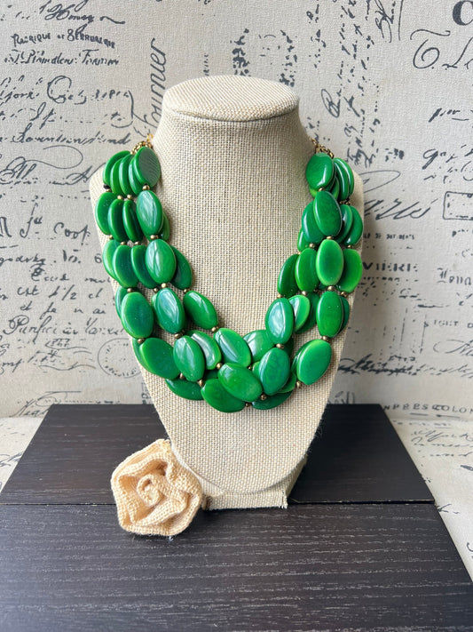Green fashion multi strand necklace Statement beaded bib necklace for women Tagua nut necklace Lightweight with gold chain Big bold chunky