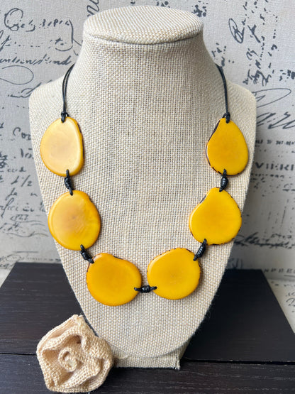 Yellow single strand necklace Simple Tagua necklace Fall fashion trend Beaded handmade with adjustable straps Unusual lightweight collar