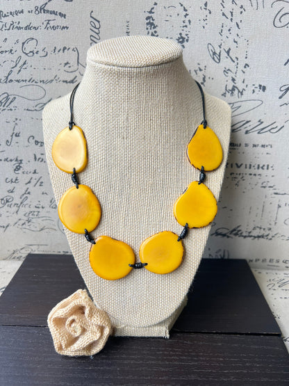 Yellow single strand necklace Simple Tagua necklace Fall fashion trend Beaded handmade with adjustable straps Unusual lightweight collar