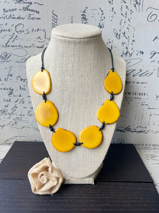 Yellow single strand necklace Simple Tagua necklace Fall fashion trend Beaded handmade with adjustable straps Unusual lightweight collar