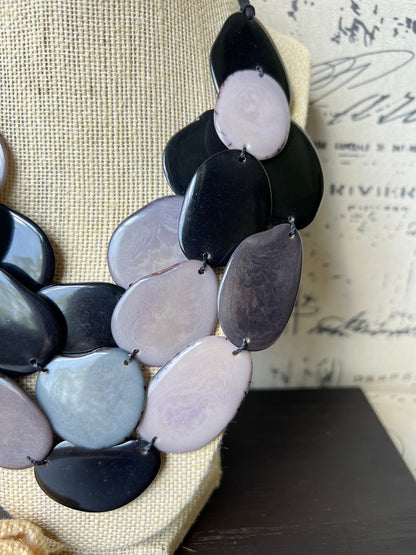 Black and gray Tagua necklace Statement necklace Layered beaded necklace with leather strap Big bold chunky necklace Multi strand bib