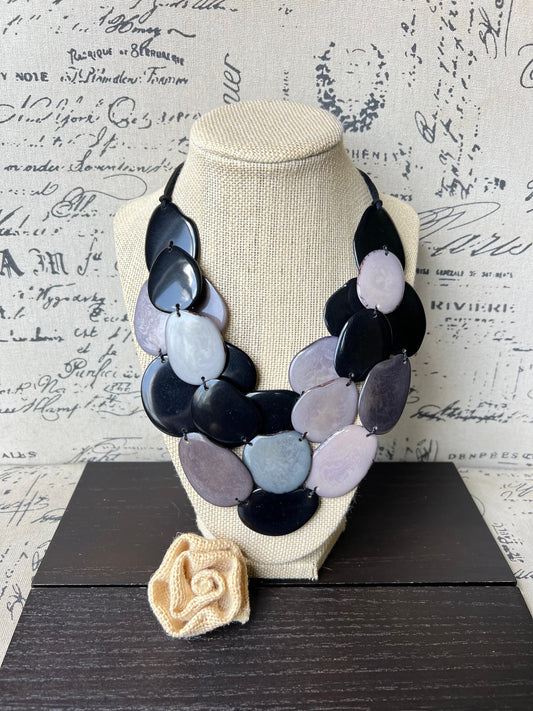 Black and gray Tagua necklace Statement necklace Layered beaded necklace with leather strap Big bold chunky necklace Multi strand bib