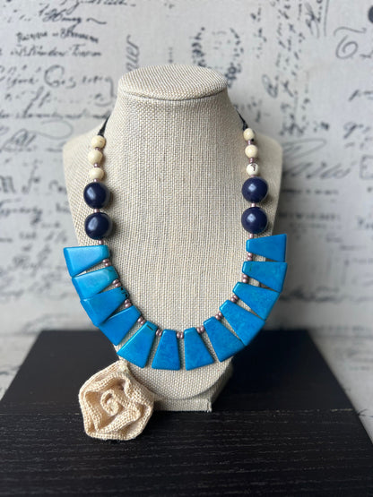 Turquoise blue statement adjustable Tagua necklace Xmas fashion Holidays gift Big bold chunky necklace Anniversary present Lightweight bib