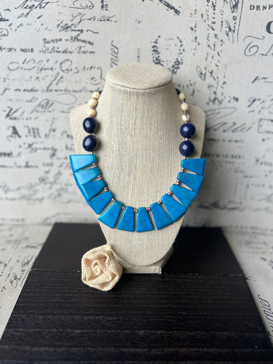 Turquoise blue statement adjustable Tagua necklace Xmas fashion Holidays gift Big bold chunky necklace Anniversary present Lightweight bib