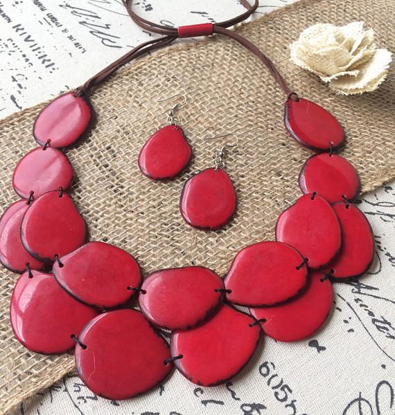 Tagua Nut Red Layered Necklace and Earrings Set - Galapagos Tagua Jewelry