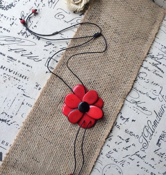 Red tagua flower pendant necklace