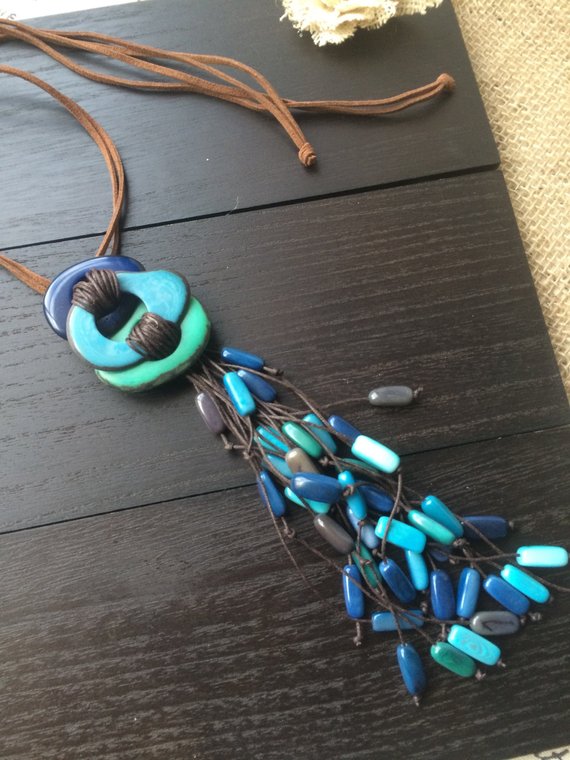 Blue fringe tagua necklace