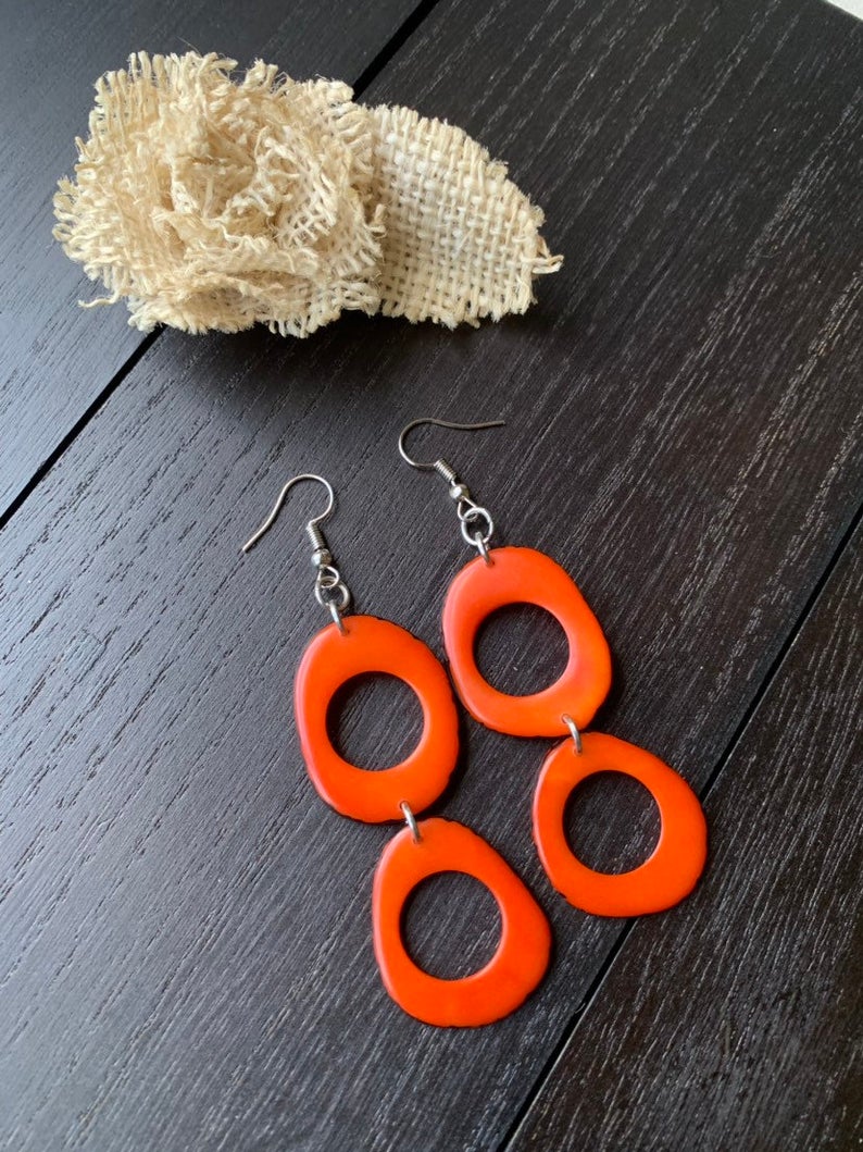 Long Dangle Orange Earrings made of Tagua