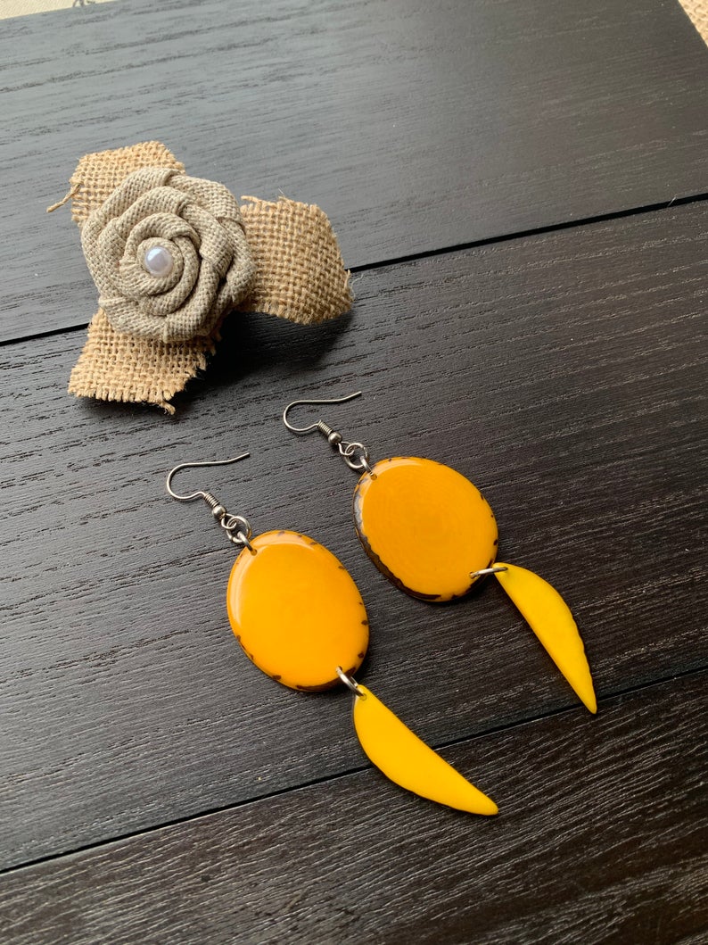 Yellow Dangle Tagua Nut Earrings