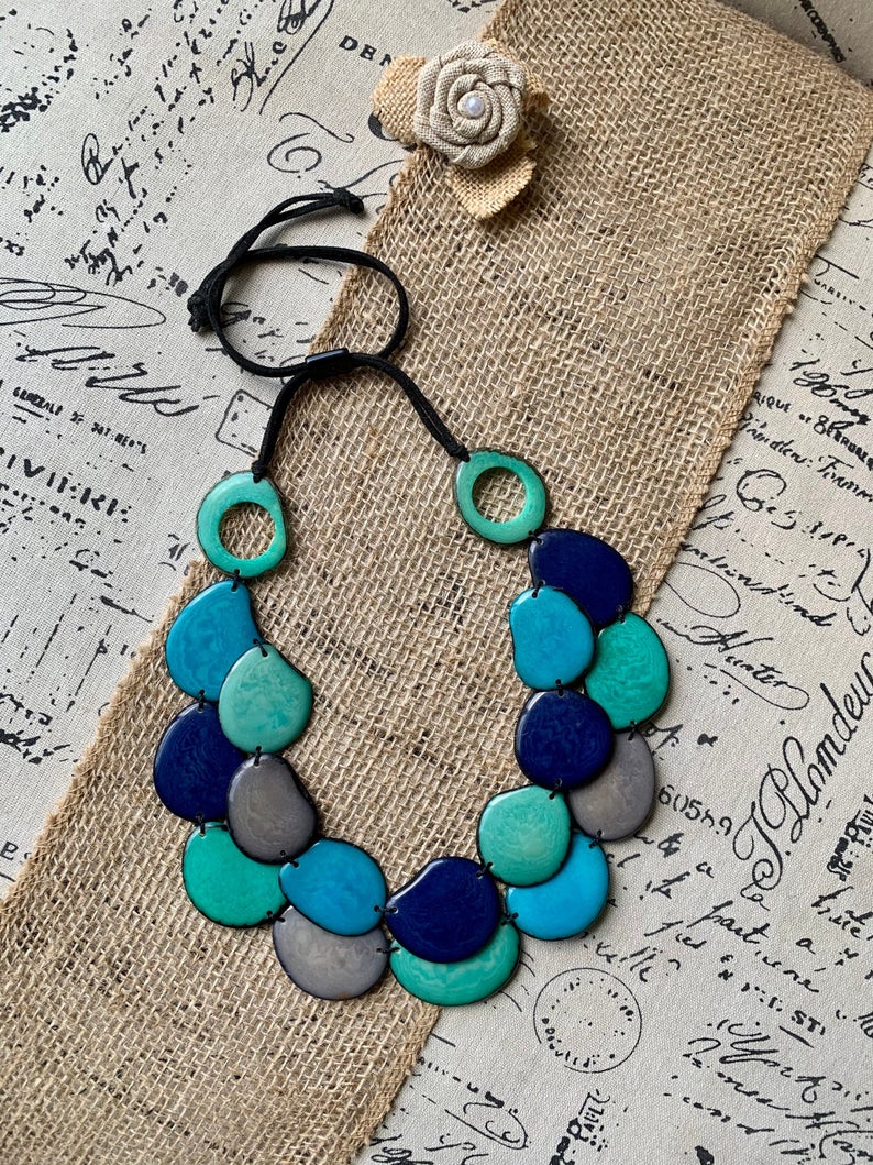 Blue, Gray Bones and Light Green hot Tagua Nut Necklace with Earrings and Bracelet