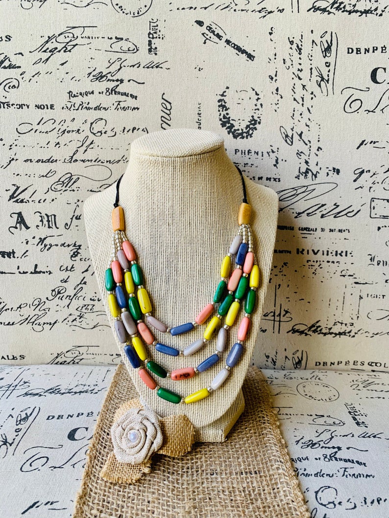 Multi color Statement 4 Layer Tagua Nut Necklace - Galapagos Tagua Jewelry