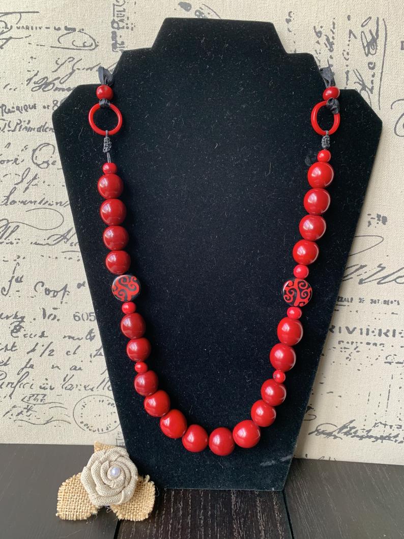 Red Extra Long Tagua Nut Necklace with Bubblegum Beads