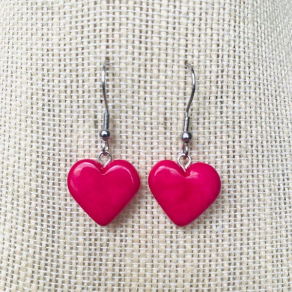 Hot Pink Heart Shaped Dangle Tagua Earrings - Galapagos Tagua Jewelry